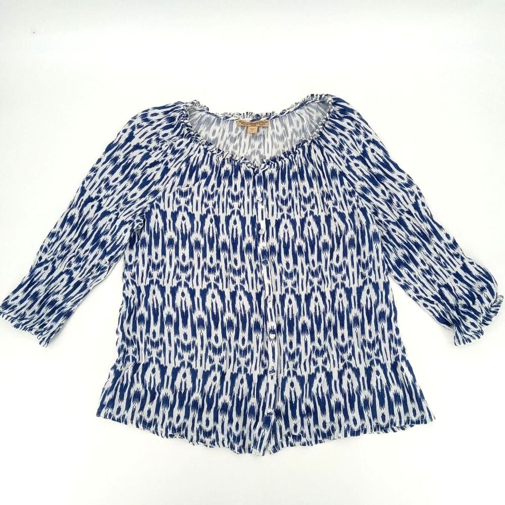 blue & white ikat blouse L Ruffle collar vintage america blues